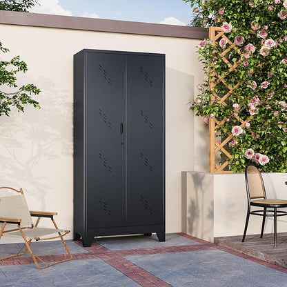 Broom Closet Storage Cabinet, Black Metal Cabinet with Lockable Doors, 75" Tall Garage Storage Cabinets, Outdoor Cleaning Broom Closet Organizer, Steel Tool Cabinet, Kitchen Pantry Cabinets