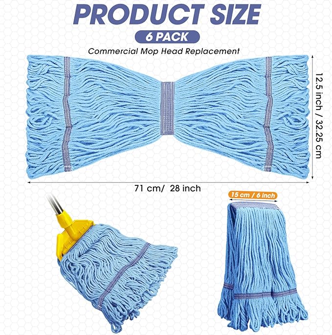 Eccliy 6 Pack Mop Heads Replacement Commercial Industrial Mop Heads Heavy Loop End Cotton String Heavy Duty Refills Wet Washable Refills for Home General Floor Cleaning (Blue,Orange)