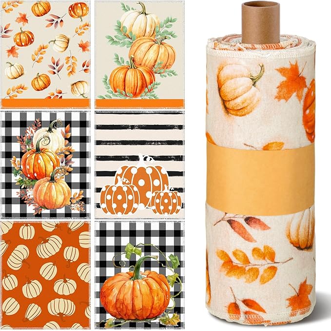 Mindsoft 36 Pcs Fall Reusable Paper Towels Rolls Washable Bulk Autumn Pumpkin Black White Plaid Kitchen Towels Paperless Reusable Cloth Cotton Napkins with Cardboard for Kitchen Bathroom