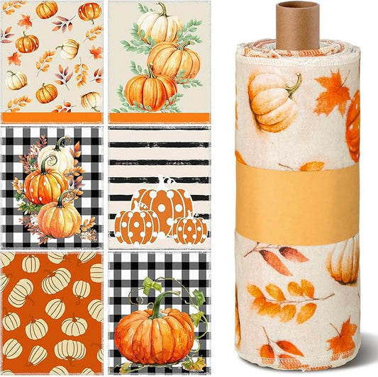 Mindsoft 36 Pcs Fall Reusable Paper Towels Rolls Washable Bulk Autumn Pumpkin Black White Plaid Kitchen Towels Paperless Reusable Cloth Cotton Napkins with Cardboard for Kitchen Bathroom