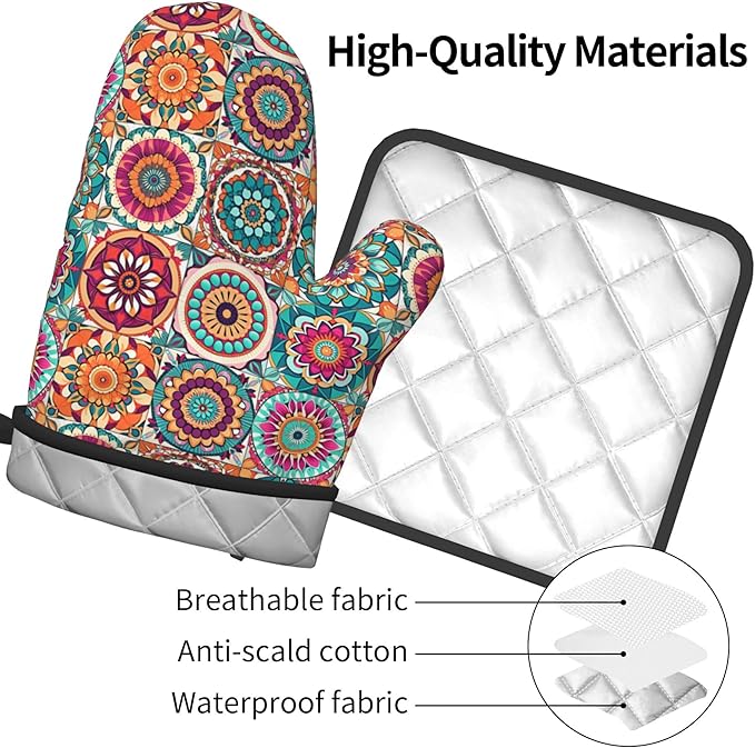 Boho Oven Mitts and Pot Holders - Mexican Flower Kitchen Mitt Sets of 2 Bohemian Oven Gloves Hot Pads for Cooking Baking Grilling
