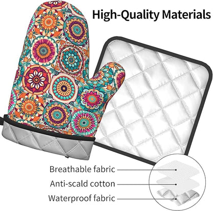 Boho Oven Mitts and Pot Holders - Mexican Flower Kitchen Mitt Sets of 2 Bohemian Oven Gloves Hot Pads for Cooking Baking Grilling