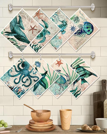 Miss Adola 8 Pack Reusable Kitchen Swedish Dishcloths for Washing Dishes Absorbent Fast Drying Cleaning Sponge Cloths Cute Design Decorate Washable Swedish Towels, Blue Sea