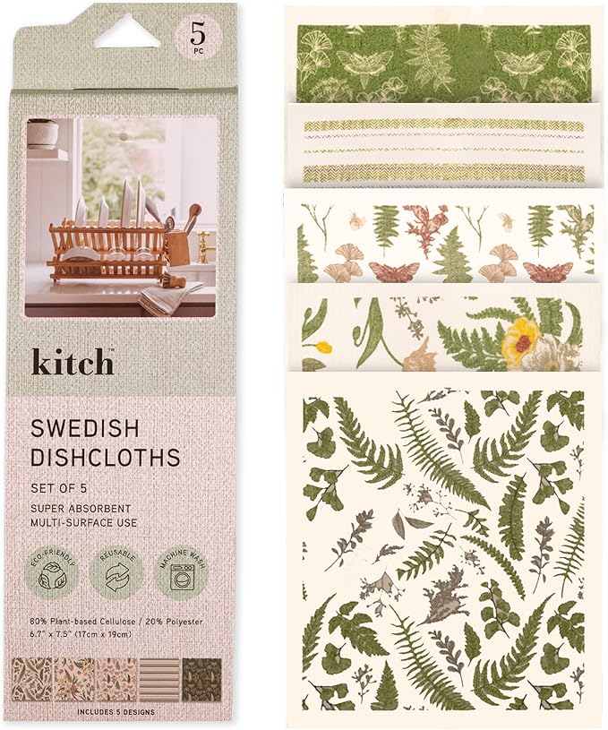 Swedish Dishcloths, Vintage Plant-Based Cellulose, 6.7x7.5 Inch, Super Absorbent, Multi-Surface, Machine Washable, Reusable, 5 Pack (Green)