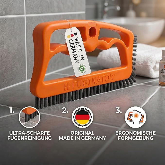 FUGINATOR® Grout Brush Orange/Gray - Ergonomic Heavy Duty Cleaning Brush for Bathroom, Shower & Kitchen - Deep Detail Scrubber for Wall & Floor Tiles, Crevices & Tight Spaces - Made in Germany