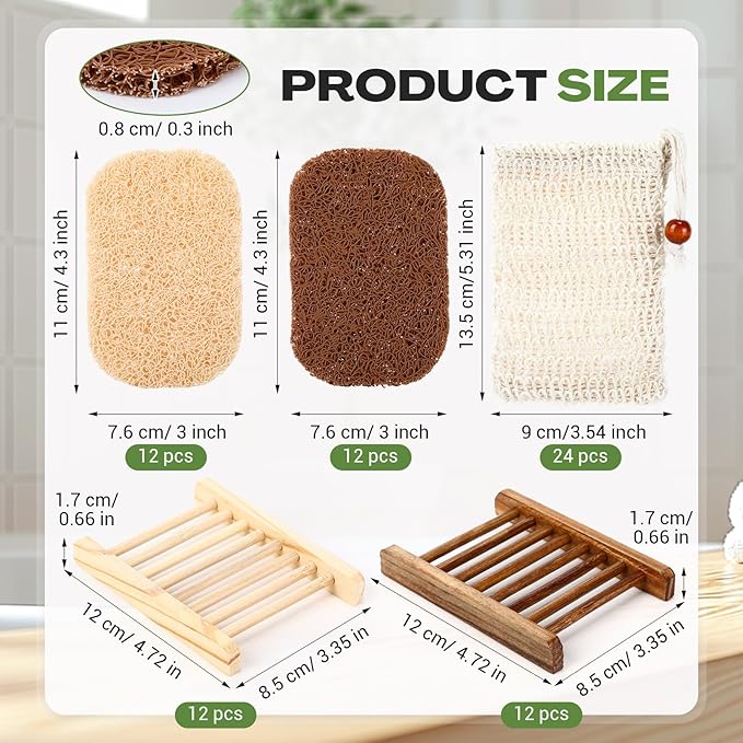 Threehoney 72 Pcs Soap Saver Set Including Wooden Dish Exfoliating Bag Saver Pads Bulk with 100 OPP Transparent Bags 2 Bundles Paper Ropes for Wedding Homemade Gift Mother‘S Day(Classic Color)