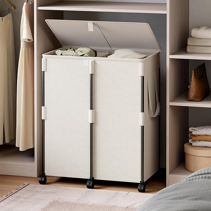 160L Double Laundry Hamper with Lid and 6 Wheels, Rolling Laundry Basket with 2 Removable Bags, Heavy Duty Metal Frame Clothes Cart, 2-Section Laundry Sorter for Bedroom, Bathroom (White)