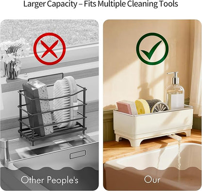 Sponge Holder for Kitchen Sink – Rustproof Stainless Steel, 360° Rotating Drain Pipe, Large Counter Organizer with Drip Tray for Sponges, Brushes & Dish Cloths Off-white