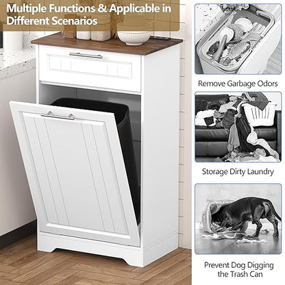 Single 10 Gallon Tilt Out Trash Can Cabinet with Deodorizing Function, Wooden Hidden Garbage Can Holder with Storage Drawers for Kitchen and Dining Room, Laundry Hamper Cabinet for Bathroom, White