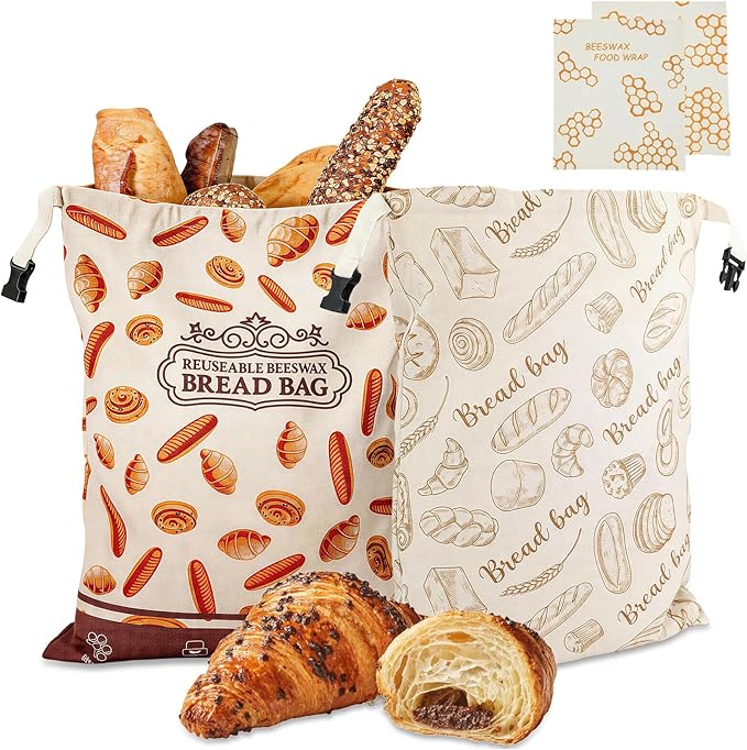 2 Pack Beeswax Bread Bags, Reusable Bread Bag for Homemade Sourdough Bread, 16.5 X 12.6 Inch Beeswax-Lined Linen Storage Bags With Zipper & 2pcs Beeswax Wraps for Food, Pastry , Baking Storage