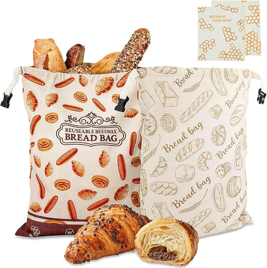 2 Pack Beeswax Bread Bags, Reusable Bread Bag for Homemade Sourdough Bread, 16.5 X 12.6 Inch Beeswax-Lined Linen Storage Bags With Zipper & 2pcs Beeswax Wraps for Food, Pastry , Baking Storage