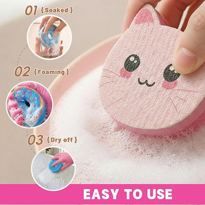 Bulimumu 3-Layer Cat Print Dish Sponge (6 Pack) - Swedish Dishcloth Top + Soft Sponge Middle + Smart Temperature-Sensing Scrubber - Dual-Action Non-Scratch Kitchen Cleaning