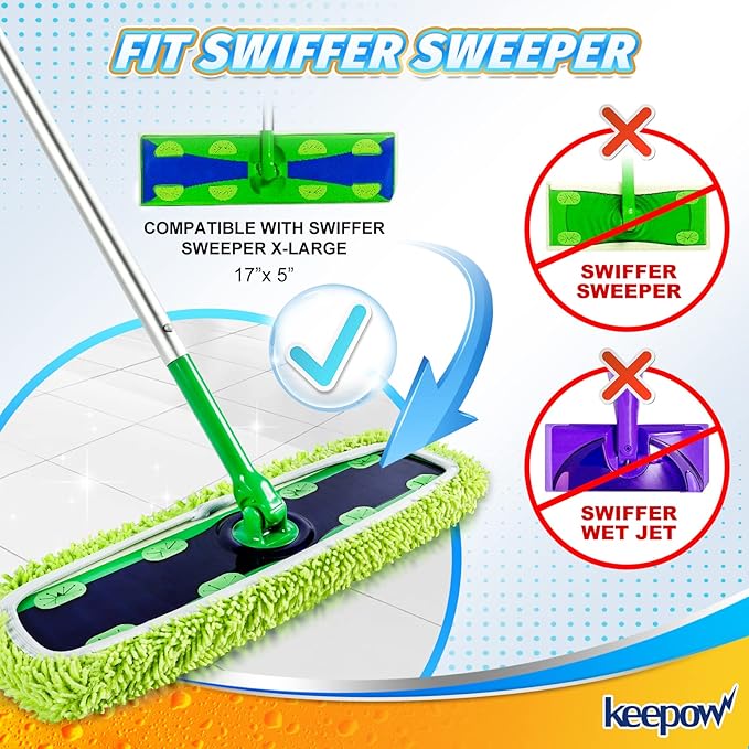 KEEPOW XL Dry Sweeping/Wet Mopping Cloths for Swiffer XL Sweeper, Reusable & Washable Microfiber Mop Pad Refills for Surface/Hardwood Floor Cleaning, 6 Pack