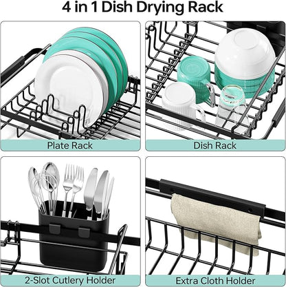 Urackify Dish Drying Rack in Sink - Expandable (14.5''-18''L) Over The Sink Dish Rack with Utensil Holder, Space-Saving Dish Drainer for Kitchen Counter, 1 Piece, Matte Black