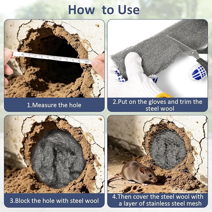 Steel Wool Mice Control, 3 Pack 2.75"*11.5FT Steel Wool & 1 Pack 5"*15FT Steel Mesh, Mouse Traps Fill Fabric DIY Kit, Hardware Cloth Gap Blocker Mouse Rat Rodent Control for Holes, Wall Cracks, Vents