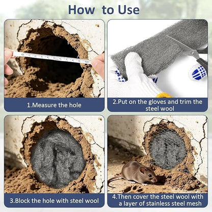 Steel Wool Mice Control, 3 Pack 2.75"*11.5FT Steel Wool & 1 Pack 5"*15FT Steel Mesh, Mouse Traps Fill Fabric DIY Kit, Hardware Cloth Gap Blocker Mouse Rat Rodent Control for Holes, Wall Cracks, Vents