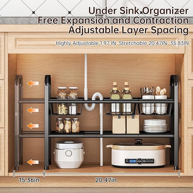 Under Sink Organizer Bathroom Expandable 2 Tier,Bathroom Cabinet Organizer,Adjustable Black Cabinet Shelf for Kitchen Bathroom Laundry,Under Sink Storage Rack with Removable Baskets and Panels