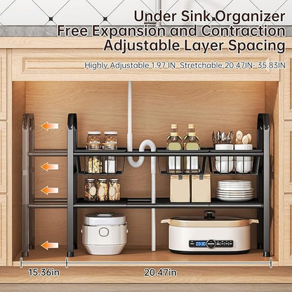 Under Sink Organizer Bathroom Expandable 2 Tier,Bathroom Cabinet Organizer,Adjustable Black Cabinet Shelf for Kitchen Bathroom Laundry,Under Sink Storage Rack with Removable Baskets and Panels
