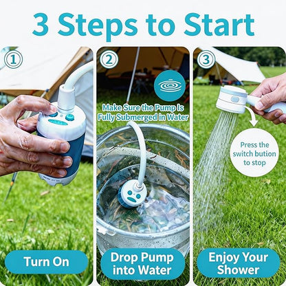 Portable Camping Shower Pump - Rechargeable Outdoor Shower Head Sprayer, Pumps Water from Bucket. Experience Refreshment Anywhere, Perfect for Camping, Hiking, Travel, Car Washing & Pet Cleaning