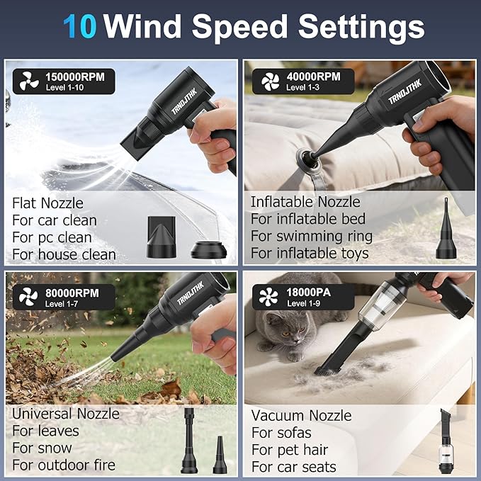 Electric Air Duster, 150000RPM Powerful Cordless Blower with Vacuum, 10-Gear Rechargeable Cleaner for Computer, Keyboard, Car Vent and Camera Gears