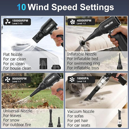 Electric Air Duster, 150000RPM Powerful Cordless Blower with Vacuum, 10-Gear Rechargeable Cleaner for Computer, Keyboard, Car Vent and Camera Gears