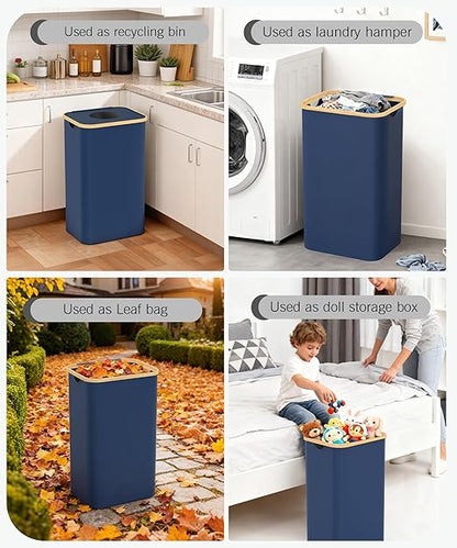 Recycling Bins for Kitchen, 26 Gallon (100L) Recycle Bin with lid, Indoor Oxford Fabric Recycling Trash Can with 2 Pack Removeable and Reusable Inner Bags for Bottle Can Glass Plastic Sticker, Blue