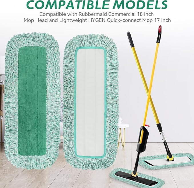 Dust Mop Pads for Rubbermaid Commercial Microfiber Dust Mops - 18 inch Mop Head Replacement with Fringe - Reusable Wet & Dry Cleaning Flat Mops System 18" 17" Refill for Multi-Surface Floor - 4 Pack