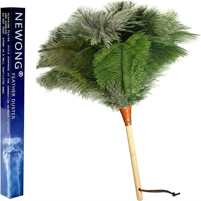 16inch Natural Good Ostrich Feather Duster with Bamboo Handle, Electrostatic Dust Remove for Ceiling，Fans，Bookshelves, Sofa, Windows, Fit for Home, Office and Cars Duster Green