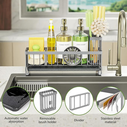 Cisily Extra Large Sink Caddy Organizer with Drying Stone, Gray Sponge Holder for Kitchen, Dish Brush Holder for Countertop, Kitchen Decor Storage and Essentials
