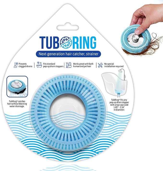 Hair Catcher for Shower Drain & Bathtub – TubRing Pop-Up Drain Protector & Strainer, Reusable Silicone Stopper for Bathroom Clog Prevention, Fits 1.85"–2.16" Drains | Aqua