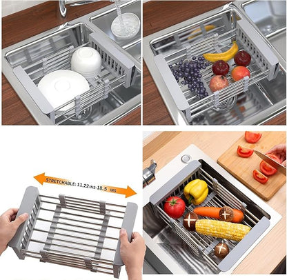 Dish Drying Rack, Adjustable Stainless Steel Drainer Basket Drain Tray for Dishes, Vegetables, and Fruit (Grey)
