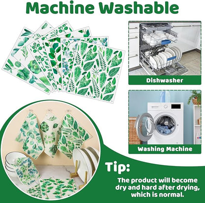 Needbrock 6 Pack Swedish Dishcloths for Kitchen, Swedish Rags Absorbent Green Leaf Dish Cloths with Adhesive Clips, Reusable Paper Towels No Odor for Countertop Dishes Cleaning