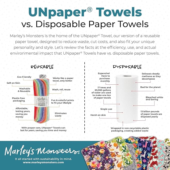 Marley's Monsters UNpaper Towels - 12 Count roll, Reusable Paper Towels Cotton, Tree Free (Blossom, 12 Pack)