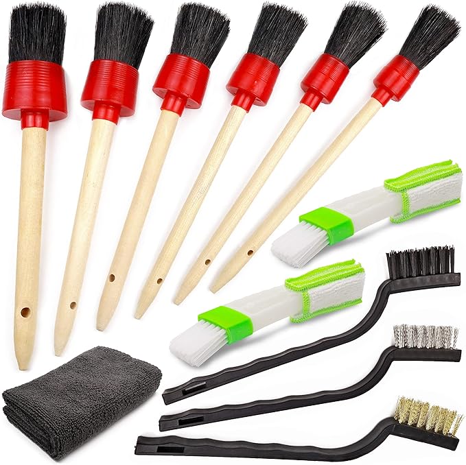 TAKAVU Complete Car Detailing Kit (12pc) - Detail Brushes, Wire Brushes, Vent Duster & Microfiber Towel for Wheels, Interior, Exterior, Engine Bay & Motorcycle Cleaning