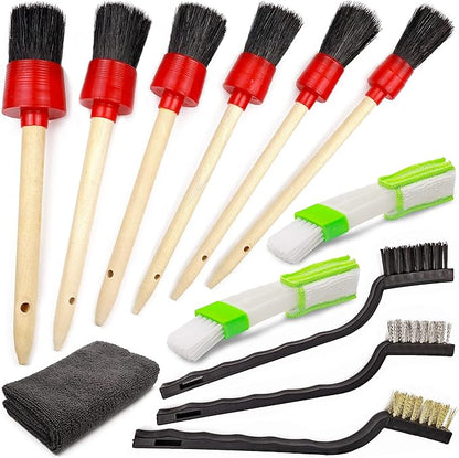 TAKAVU Complete Car Detailing Kit (12pc) - Detail Brushes, Wire Brushes, Vent Duster & Microfiber Towel for Wheels, Interior, Exterior, Engine Bay & Motorcycle Cleaning