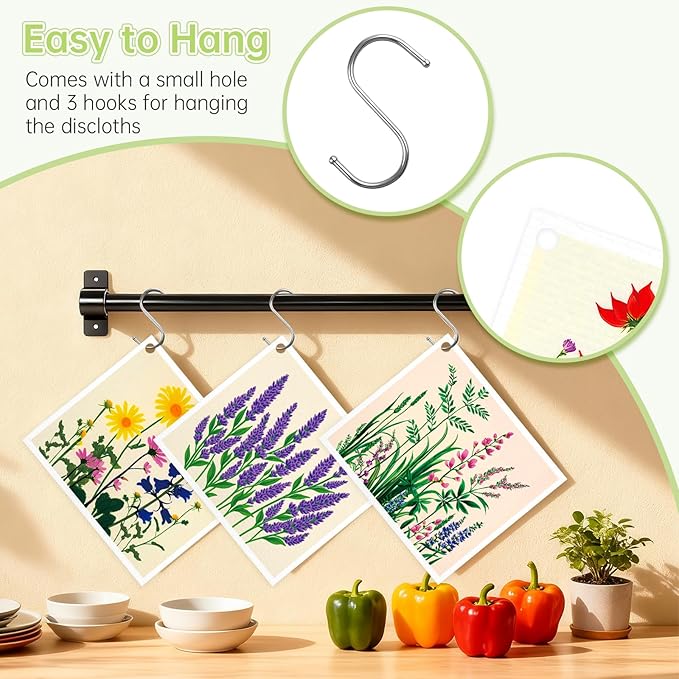 Swedish Dishcloths for Kitchen, 5 Pack Floral Flowers Reusable Paper Towels with 3 Hooks, Washable Dish Cloth Set, Absorbent Cleaning Cloth for Washing Dishes Housewarming Gifts for Friend