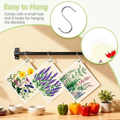 Swedish Dishcloths for Kitchen, 5 Pack Floral Flowers Reusable Paper Towels with 3 Hooks, Washable Dish Cloth Set, Absorbent Cleaning Cloth for Washing Dishes Housewarming Gifts for Friend