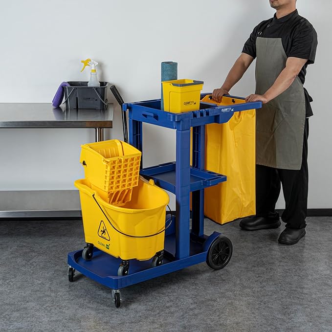 Restaurantware-Clean Tek Professional Janitor Cart with Wheels, 1 Cleaning Trolley with 18 Gallon Bag - 3 Shelves, Heavy-Duty, Blue Plastic Commercial Janitorial Cart, for Restaurants