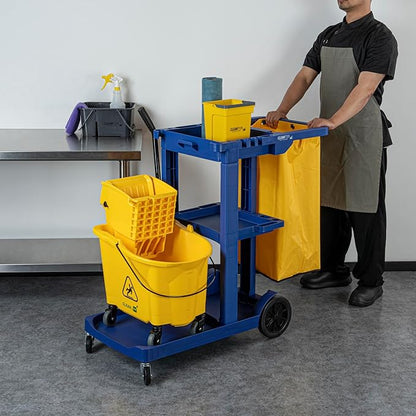 Restaurantware-Clean Tek Professional Janitor Cart with Wheels, 1 Cleaning Trolley with 18 Gallon Bag - 3 Shelves, Heavy-Duty, Blue Plastic Commercial Janitorial Cart, for Restaurants