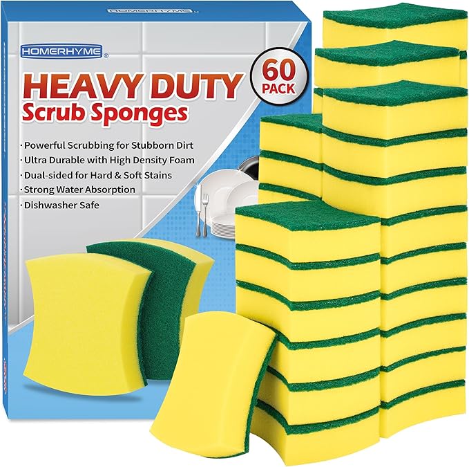 Heavy Duty Sponges 60 Pack, Double-Side Scratch-Free Dish Sponges for Kitchen, Sturdy Multipurpose Cleaning Supplies for Home, Kitchen, Bathroom & Household