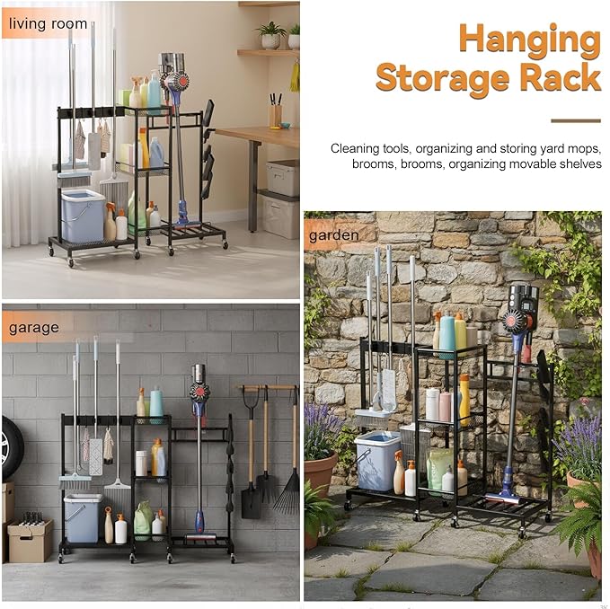 YOXIER Heavy Duty Rolling Tool Cart & Broom Organizer - 3-Tier Steel Cleaning Caddy Cart for Garage Organization Next to Garage Cabinets. Freestanding Rack Beats Any Broom Hanger Wall Mount Black
