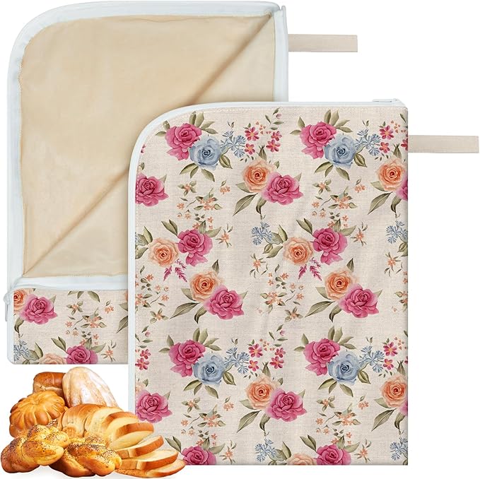 New L-shaped Zipper Beeswax Bread Bags 2 Pack, Floral Bread Bags for Homemade Bread, Natural Beeswax Lining Reusable Bread Bag for Bread Freshness Extends Shelf Life