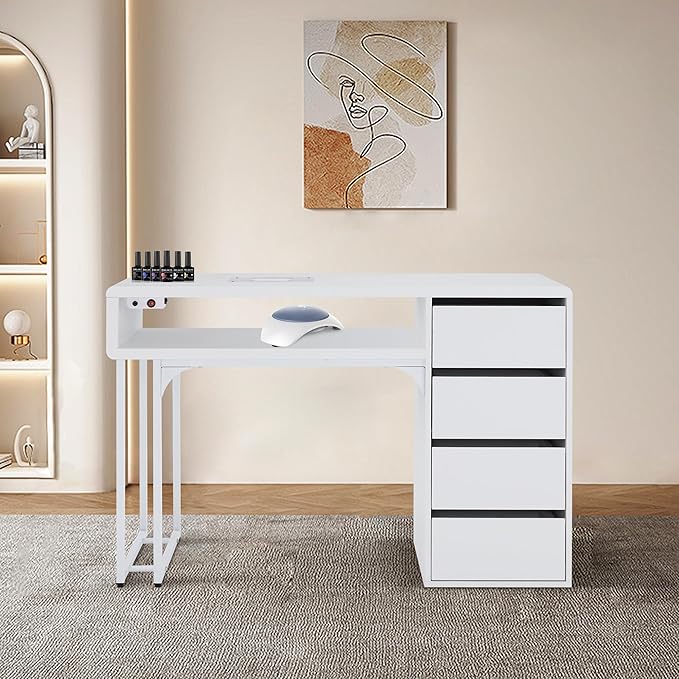 BarberPub Manicure Storage Desk with 60W Embedded Nail Vacuum Cleaner, Square-Shape Nail Dust Collector Manicure Workstation, Professional Beauty Salon Equipment VC229 (White)