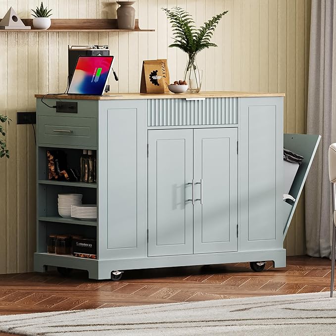 48.5" Kitchen Island with Trash Can Storage Cabinet, Power Outlet, Internal Storage Rack, Rolling Kitchen Islands Cart on 5 Wheels with 3 Drawers, 3 Open Side Racks, Grey Blue