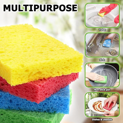 Compressed Natural Cellulose Sponges 24 Pack Regular Size Multicolor Soft Reusable Non-Scratch Long-Lasting Basics Dish Washing Sponges for Kitchen Cookware and Bathroom, DIY Cuts-Out for Fun