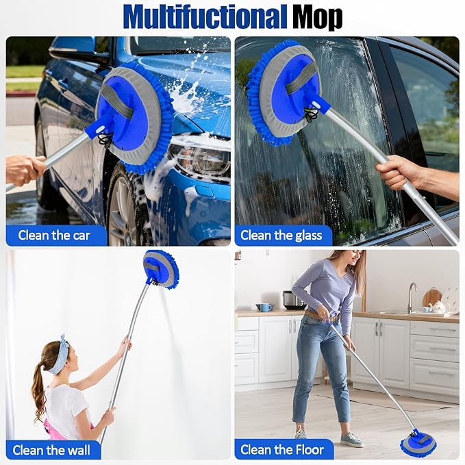 15° Curved Car Wash Brush with Long Handle 43" Extension Cleaning Mop Exterior Interior Carwash Duster 3-Section, 90° Pivoting Extralarge Microfiber Head for Scratch-Free Car, SUV & Truck (Blue)