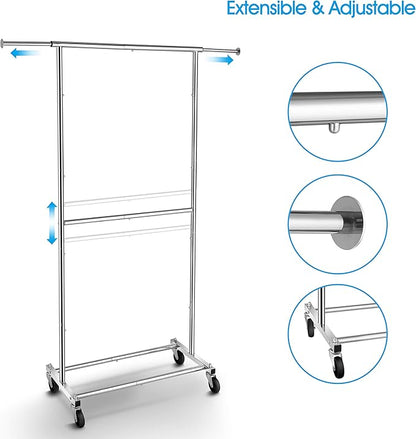 Simple Trending Double Rod Clothing Garment Rack, Rolling Clothes Organizer on Wheels for Hanging Clothes, Chrome