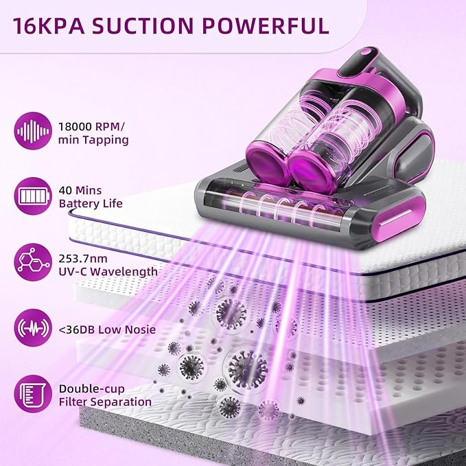 Cordless Mattress Vacuum Cleaner, 16Kpa Handheld Bed Vacuum with 253.7nm UV-C Light, Ultrasonic, Widened Suction, Low Noise, HEPA Filtration for Mattress Sofa Couch Pet Hair, Purple