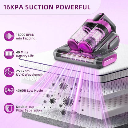Cordless Mattress Vacuum Cleaner, 16Kpa Handheld Bed Vacuum with 253.7nm UV-C Light, Ultrasonic, Widened Suction, Low Noise, HEPA Filtration for Mattress Sofa Couch Pet Hair, Purple