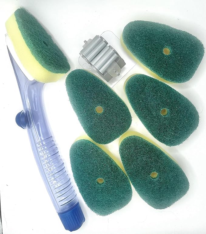 Dish Wand Soap Dispenser with 6 Refill Sponge Heads, Dish Brush Handle, Bottle Brush Scrubber, Heavy Duty, Leak Proof, Storage Clip